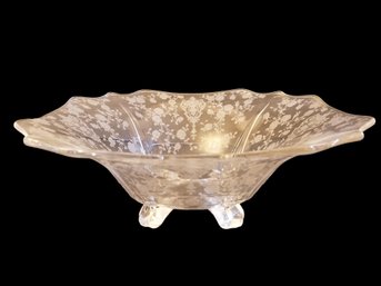 1930's Cambridge Rose Print Glass Centerpiece Footed Bowl