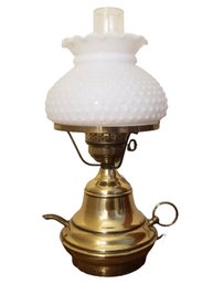 Vintage Hurricane Table Lamp With Brass Teapot Base & Hobnail Milk Glass Shade