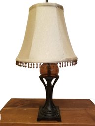 Small Vintage Table Lamp With Amber Glass Globe & Beaded Shade