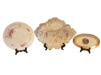 Trio Of Vintage Floral Dish, 22kt Gold Rim Victorian Oval Platter & Porcelain Platter