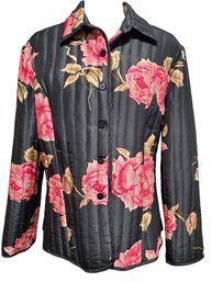 NWT Carole Little 100 Percent Silk Black & Pink Florak Quilted Jacket - Size XL