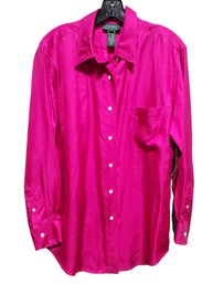 NWT Lauren Ralph Lauren Size 12 Fuschia Hot Pink Ladies Button Down Long Sleeved 100 Percent Silk Shirt