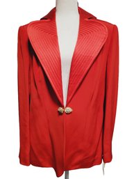 Beautiful Neiman Marcus Ladies Red Silk Blazer Jacket With Gold Tone Rhinestone Clasp - Size Large