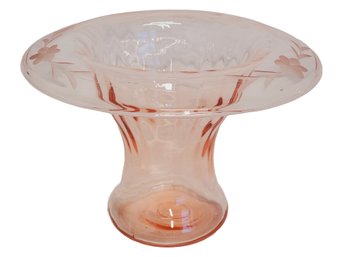 Antique Vintage Pink Depression Glass 5.25' Vase With Etched Flowers & Optic Leaf Design
