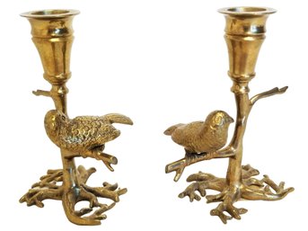Pair Of Vintage Mottahedeh Museum Reproduction Brass Birds On Branch Candlestick Holders
