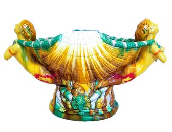 Huge Gorgeous Vintage  Majolica Shell & Mermaid Ceramic Centerpiece Bowl