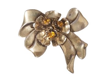 Vintage Art Deco Sterling Silver Bow Design Brooch Pin With Yellow Rhinestones