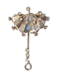 Antique Sterling Silver Umbrella Brooch Pin With Rhinestones