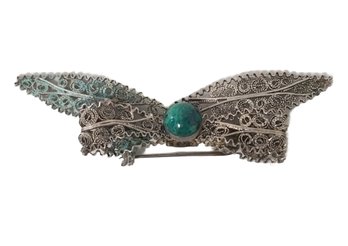Vintage Sterling Silver Filigree Butterfly With Green Gemstone - Made In Israel