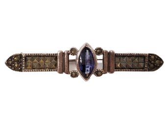 Vintage Art Deco Sterling Silver Marcasite & Purple Gemstone Bar Pin Brooch