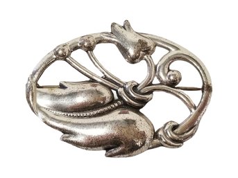 Vintage Danish Sterling Silver Oval Tulip Brooch Pin