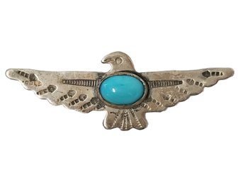 Vintage Sterling Silver Navajo Thunderbird Pin With Turquoise Stone