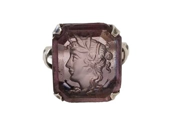 Vintage Cameo Intaglio Ring With Purple Stone - Size 2 1/4