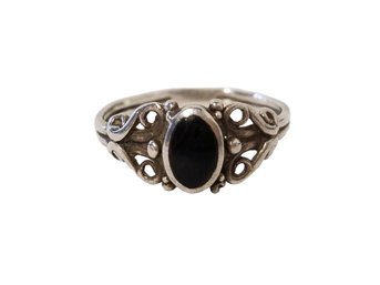 Vintage Black Onyx Sterling Silver Filigree Ring - Size 6