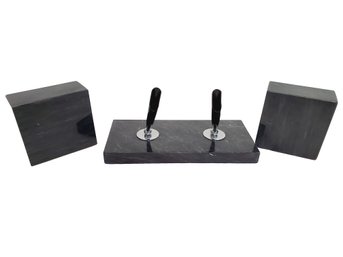 Vintage Black Marble Desk Accessories - Double Pen Holder & Two Cube Paperweights
