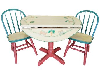 Colorful Vintage Sponge Painted Country Round Drop Leaf Table With Two Chairs