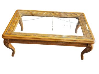 Handsome Carved Wood Framed Glass Top Wood Coffee Table - See Description