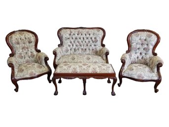 1930s Style Carved Walnut Floral Upholstered Living Room Set - Loveseat, Chairs & Ottoman