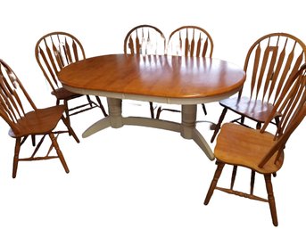 Retro Oak & White Painted Double Trestle Dining Table And Six Chairs