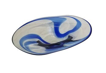 Vintage MCM Art Glass Cobalt Blue Swirl Large Centerpiece Bowl