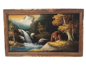 Framed Mid Century Black Velvet Landscape With Grizzly Bear Painting