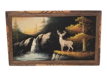 Framed Mid Century Black Velvet Fall Waterfall Scene With A Buck Deer Painting