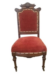 Antique Carved Walnut Side Chair With Hammered Tack Velvet Upholstery & Front Caster Wheels