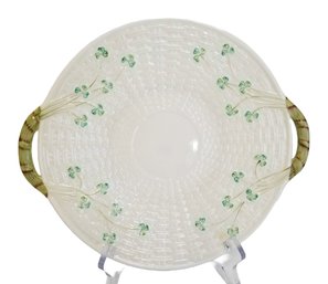 Vintage Belleek Irish Shamrock Basketweave Porcelain Handled Cake Plate