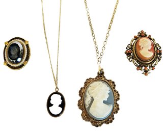 Vintage Set Of Four 1920's Cameo Brooches & Necklaces