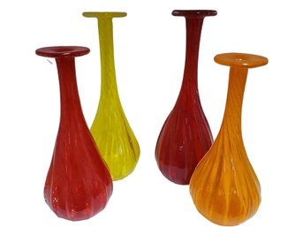 Four Vintage MCM Colorful Red, Orange & Yellow Blown Twist Bubble Glass Bud Vases