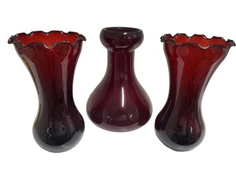 Trio Vintage Ruby Red 7' Glass Flower Bud Vases