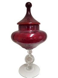 Vintage Empolie Red & Clear Glass Lidding Compote Candy Dish