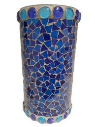 Vintage Cobalt Blue & Turquoise Stained Mosaic Glass & Bead Glass Candleholder