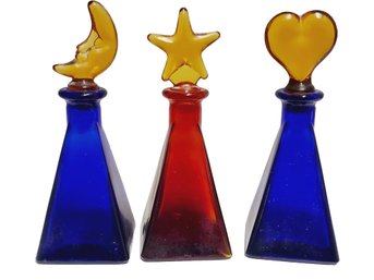 Trio Of Vintage Cobalt Blue & Red Hand Blown Perfume Bottles Wit Amber Heart, Moon & Star Stoppers