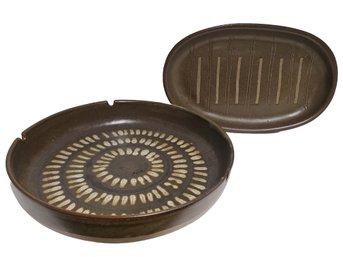 Vintage MCM Marshall Studios Jane And Gordon Martz Brown Glazed Large Pottery Ashtray & Small Oval Dish