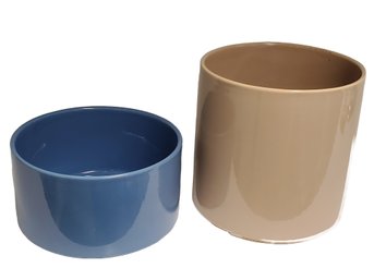 Two Haeger USA Blue & Tan Planter Pots Cylinder Shaped