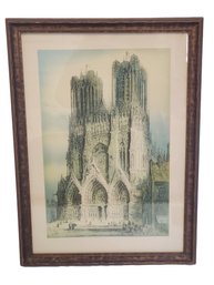 Vintage Framed Colored Print Of Rheims Cathedral France By J Alphege Brewer