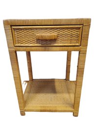 Small Vintage MCM Natural Wicker Small Accent Side Table With One Drawer