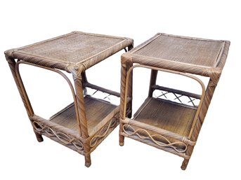 Pair Of Vintage MCM Wicker & Bentwood Side Accent Tables