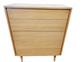 Vintage Mid Century Modern 1950s Solid Wood Slatted Highboy Storage Dresser Chest (Mengel?)