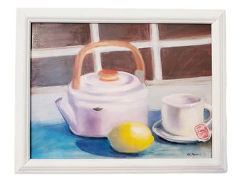 Framed Original Artist Signed Watercolor Still Lofe Teapot, Lemon & Cup Of Tea - Mary Karen Merrill