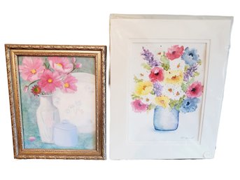 Two Original Watercolor Floral Bouquet Paintings By Mary Karen Merrill