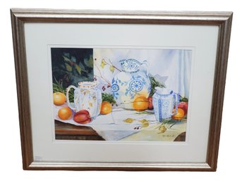 Lovely Framed Original Watercolor Painted Entitled Blue & White Pitchers By Mary Karen Merrill