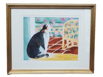 Adorable Framed Original Watercolor Painting By Mary Karen Merrill - Cat In The Window