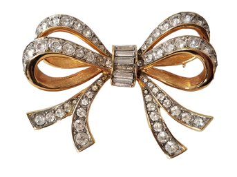 Vintage Swarovski Gold Tone Crystal Bow Brooch Pin