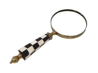 Large Vintage Brass With Black & White Checkered Handle Magnifying Glass