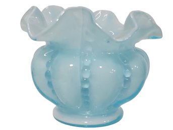 Vintage Fenton Glass Blue Overlay Ruffled Melon Vase