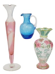 Trio Of Small Glass Bud Vases & Crackle Glass Pitcher