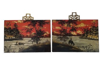 Pair Of Vintage Vietnamese Lacquered Wood Wall Art