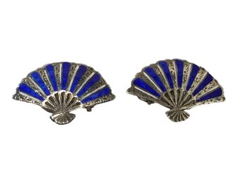 Vintage SENA Sterling Silver Blue Enamel Fan Clip-on Earrings